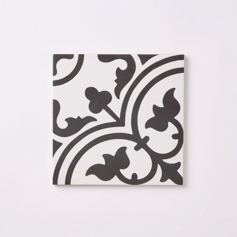 Casablanca Encaustic‑Look Patterned Porcelain Floor & Wall Tile, 8" x 8", Patterned, Black/White