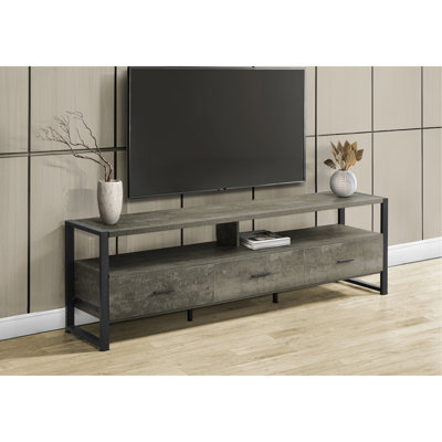 Meuble télé 72 po, meuble multimédia contemporain élégant, stratifié bronze foncé, métal noir, 2 tablettes, 3 tiroirs pour équipement de divertissement, pouces à nettoyage rapide, élégant, contemporain, tiroirs, articles