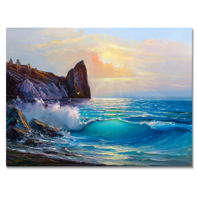 Magnifique coucher de soleil sur une vague d'été - décoration murale nautique et côtière en toile