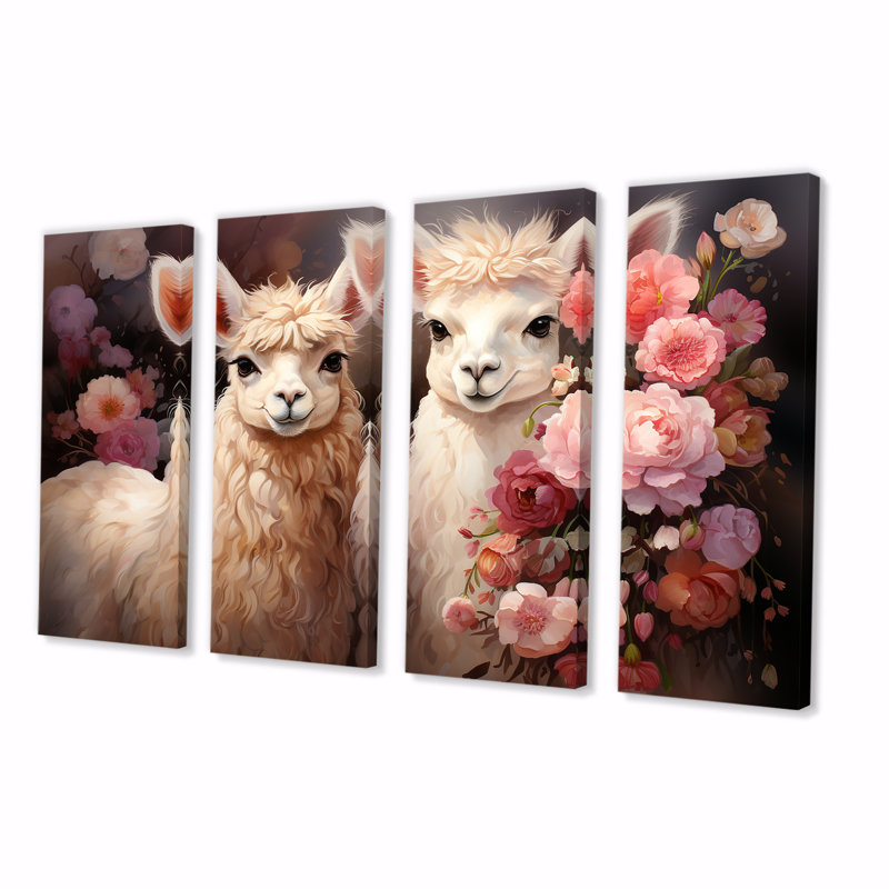 «Fluffy Alpacas Floral Portrait - Alpaca», art mural 4 pièces, H 28 po x l 48 po
