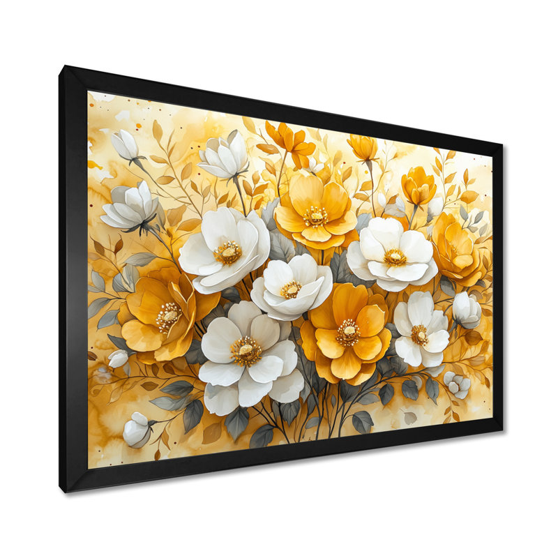 Harmonie dorée de fleurs fuschia - Art mural fuchsia pour le salon, Cadre simple, Noir, noir, noir, noir, H 24 po x l 32 po