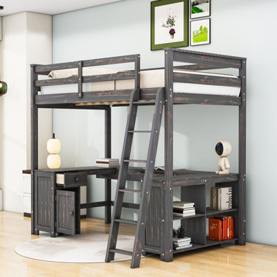 2 Drawer Wood Loft Bed With Built-In Desk And Shelves