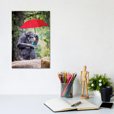 Chimp Staying Connected by Karen Burke - Wrapped Canvas Print