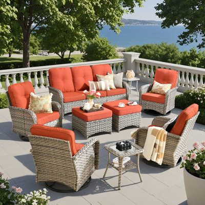 9- Person Patio Furniture Set With Swivel Rocker, Outdoor Wicker Rattan High Back Seating Group With Cushions, All Weather Sofa Conversation Set For Garden Backyard