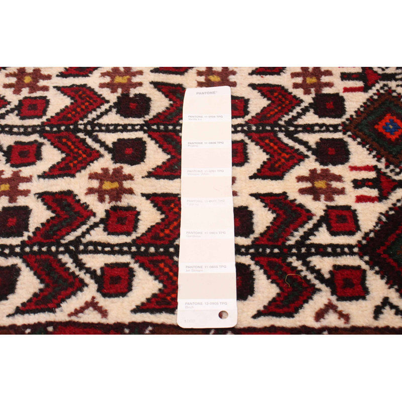 Tapis crème / rouge unique de 3 pi 5 po x 6 pi 1 po années 1990