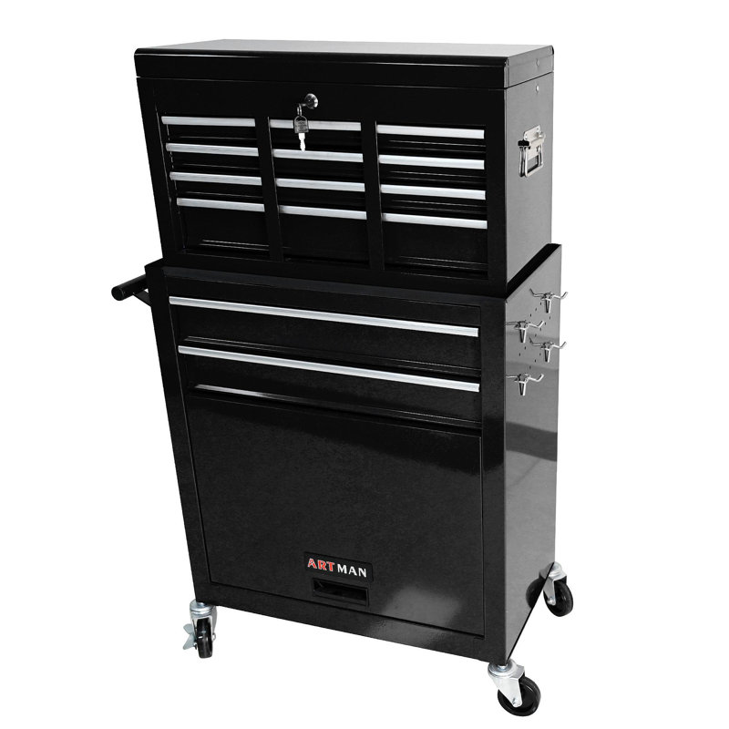 Coffre à outils roulant à grande capacité avec roulettes et tiroirs, armoire de rangement pour outils à 8 tiroirs - Noir