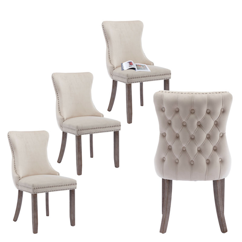 Beige Velvet Tufted Upholstered Side Chairs with Nailhead Trim, Set of 6
