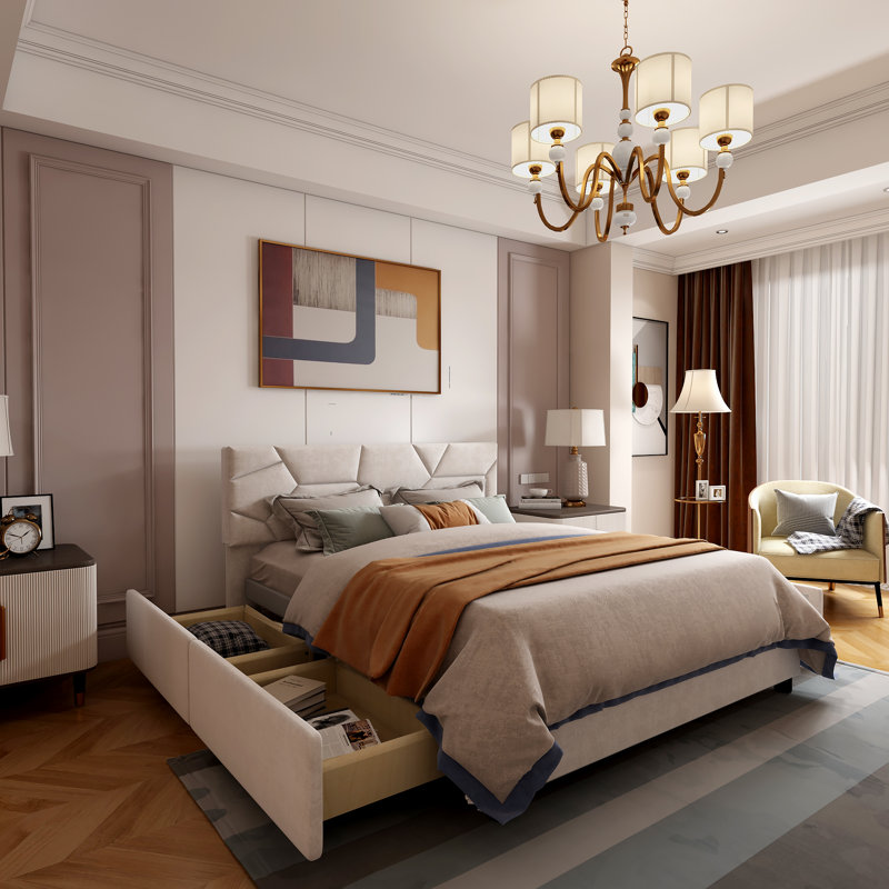 Lit plateforme avec rangement Buchman, Beige, Grand