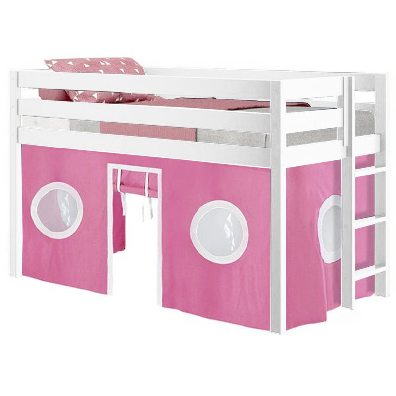 Johannes Solid Wood Twin Low Loft Bed with Ladder and Tent, White/Pink