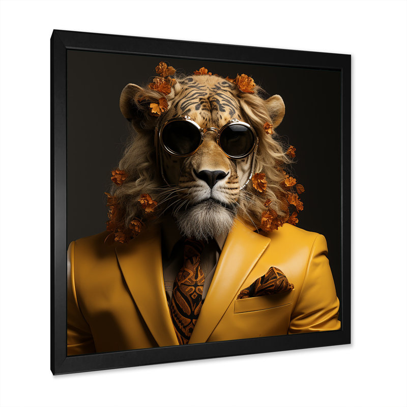Lion en costume à la mode - Lion, art mural, Cadre photo noir, H 30 po x l 30 po x P 1,5 po