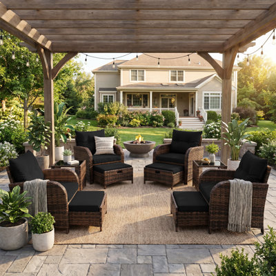 Ensemble de conversation d'extérieur en osier pour 4 personnes, ensemble de conversation modulaire avec repose-pieds et table basse en verre trempé, ensemble de meubles résistant aux intempéries pour terrasse de jardin près de la piscine