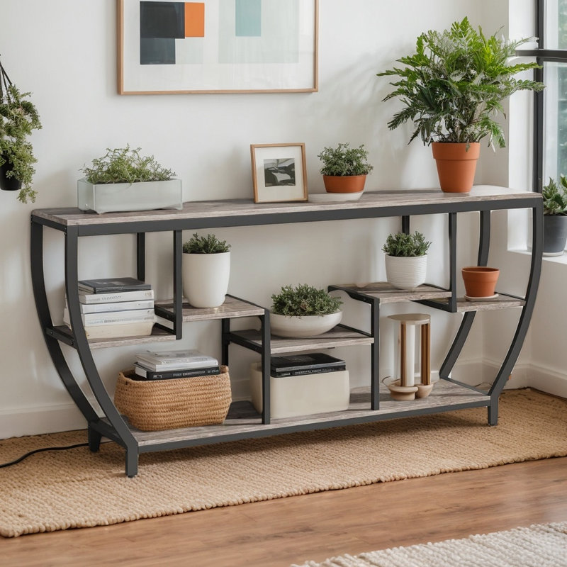 Console industrielle 70,9 "avec tablettes de rangement, canapé d'entrée long pour le couloir, Gris / Noir, Gris