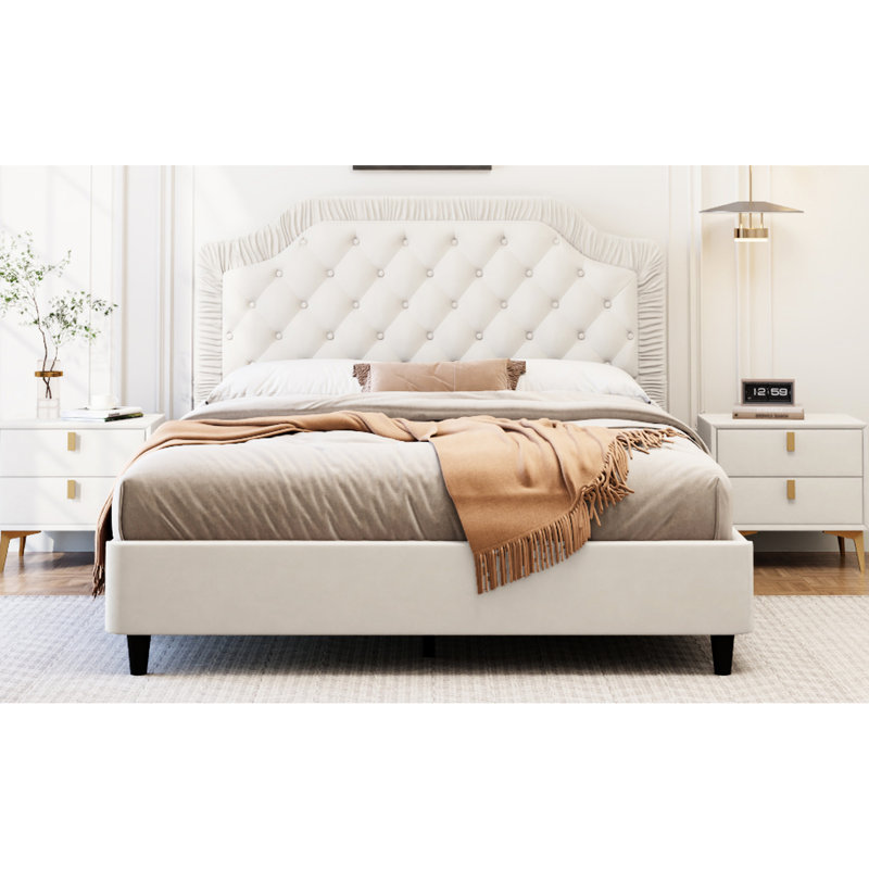 King Size Bed With Button Tufting And Headboard - Velvet Upholstery No Box Spring Fabric Platform Easy To Assemble, White