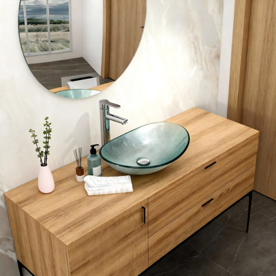 Lavabo de salle de bain en verre trempé argenté, mécanisme de vidange intégré, convient à différents styles d'intérieur, poids du colis : 8,5 kg, bonde en forme de bateau incluse, idéal pour un dressing, surface lisse facile à nettoyer.