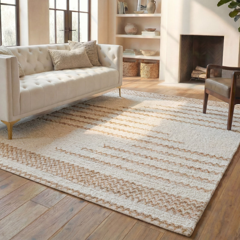 Tapis ivoire / brun en laine tissé à plat à la main Kristina, Rectangle 8 pi x 10 pi