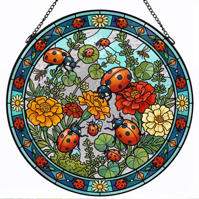 Ladybug Garden Stained Glass Window Panel，12"H