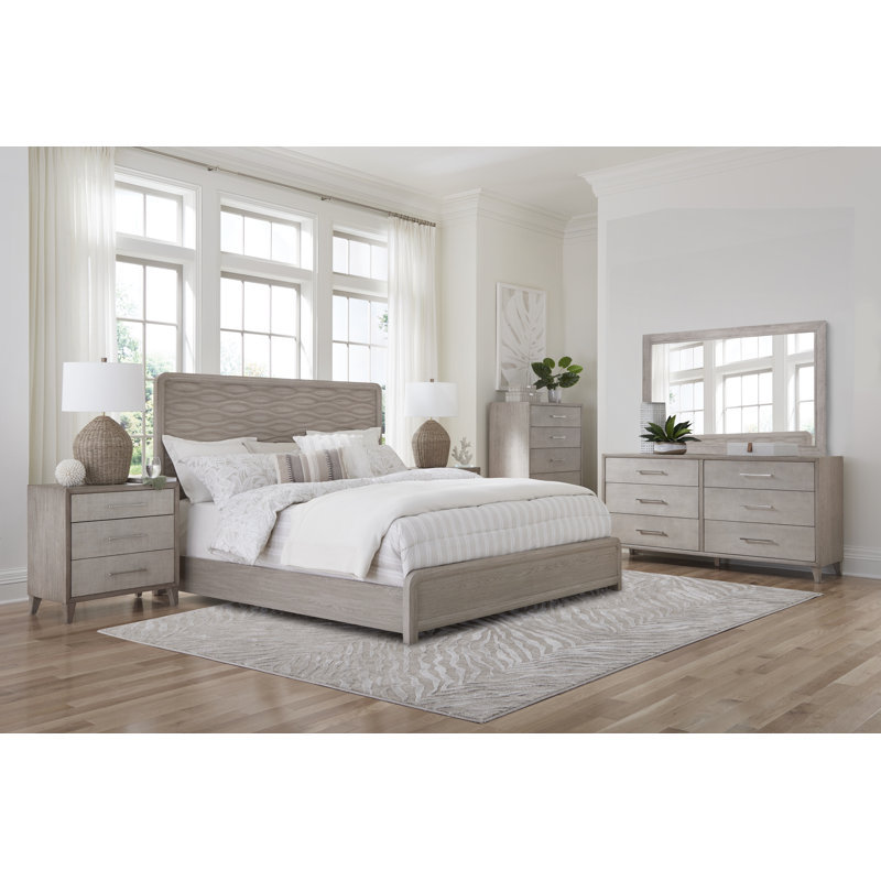Ensemble de lit à panneau 6 pièces Cape King Wave avec commode à 6 tiroirs et miroir, Très grand