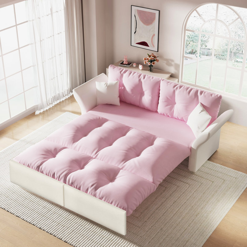 Grand canapé-lit en velours rose multifonctionnel de 74,8 po, 2 coussins moelleux, éponge haute densité, installation rapide en quelques minutes 3 1 lit gigogne escamotable, revêtement confortable, soutien et métal stabilisateur