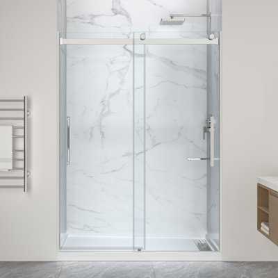 Stellar Series 76 In. X 57-60 In. Frameless Sliding Shower Door In Polished Chrome With Alcove Right Drain Shower Base