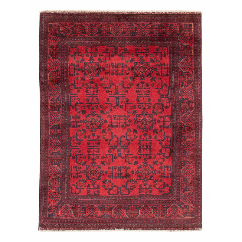 Tapis noir / rouge noué à la main de conception unique 4 pi 9 po x 6 pi 3 po Aniek