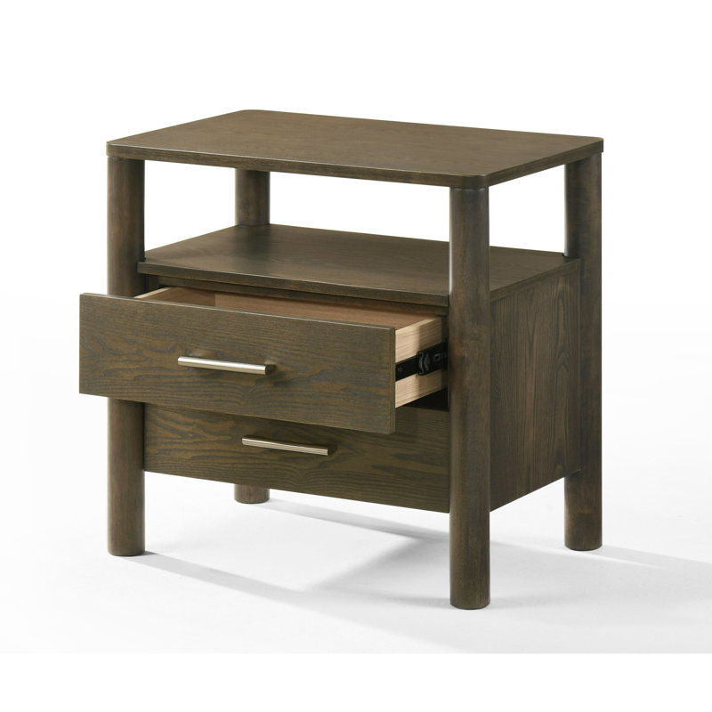 Table de chevet Cid Caro, 2 tiroirs, 1 tablette, bois d'hévéa brun wengé, 24 po