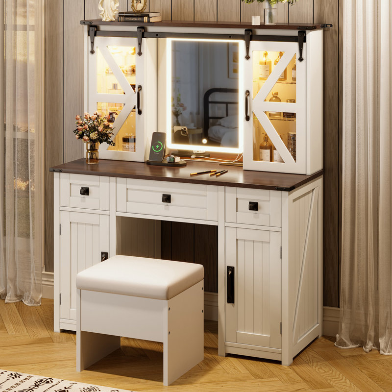 Bureau de maquillage avec miroir lumineux, tabouret de rangement et station de charge