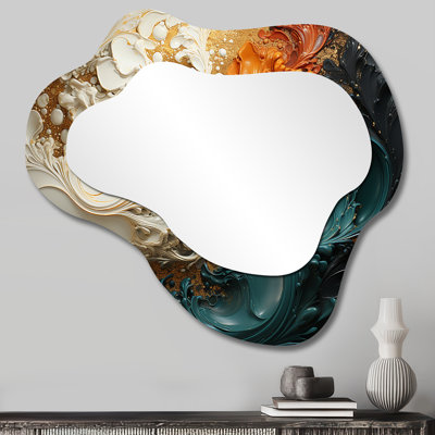 Orange and gold Ripple waves melody IV - Abstract Painting Asymmetrical Mirror, Orange Cloud Decorative Wall Mirror, Printed Metal Art
