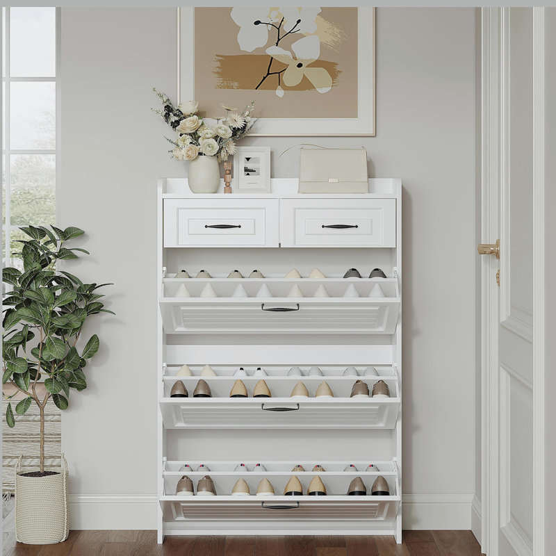 Shoe cabinet with 3 doors 2 drawers, large space for storage, White