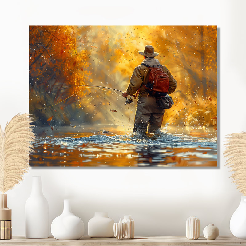 «Autumn River Fishing - Hunting & Fishing», reproduction d'art mural, Toile avec cadre flottant blanc
