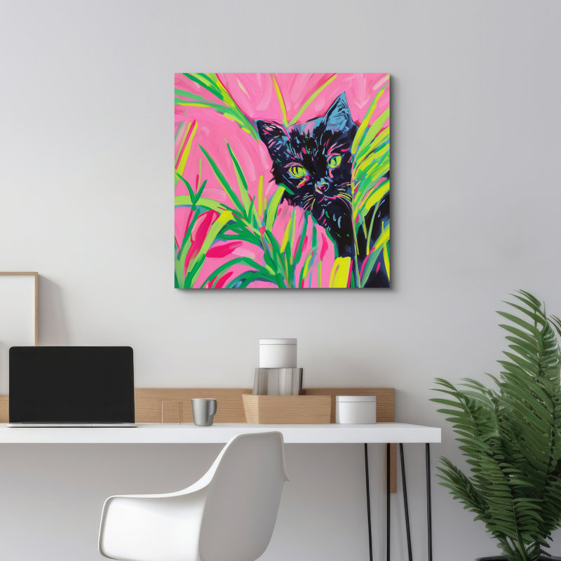 Chat noir caché derrière l'herbe, H 12 po x l 12 po, Toile tendue