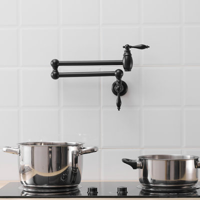 Wall Mounted Pot Filler Faucet, Brass Kitchen Faucet With Double Joint Swing Arms, Matte Black, Classic Style, Smooth And Safe Filler, Mount Commercial Folding Material, Nickel Finish, Stretchable