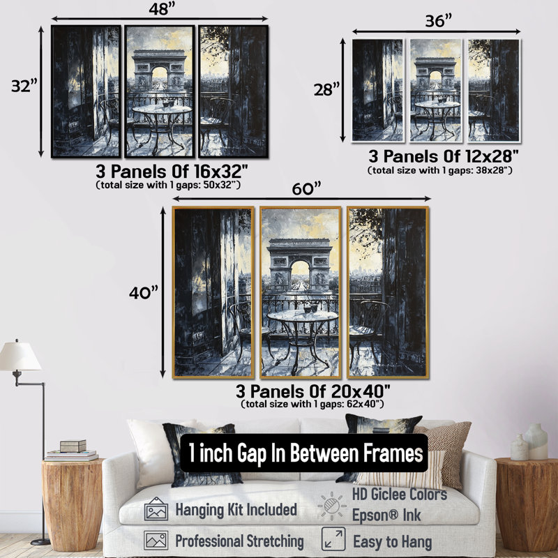Ensemble de reproduction d'art mural noir et bleu Arc de Triomphe, Toile naturelle avec cadre flottant