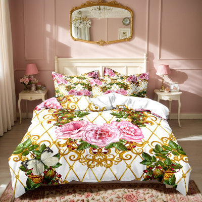Pink Floral Microfiber Duvet Cover Set with Pillowcases, Digital Print Roses and Gold Scrollwork Front on White with Solid White Back, Reversible Bedding, Full, Comforter and Pillow Inserts Not Included