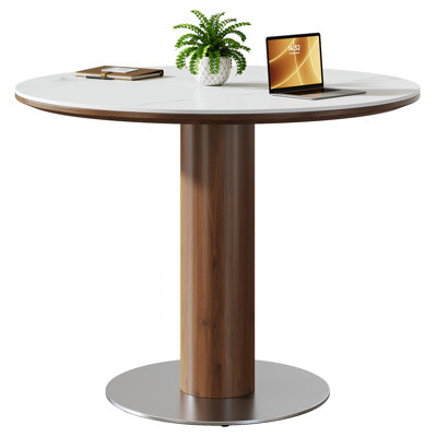 31.5 Inch Round Conference Table, Small Meeting Room Table with Thickened Sintered Stone Tabletop and Stainless Steel Base