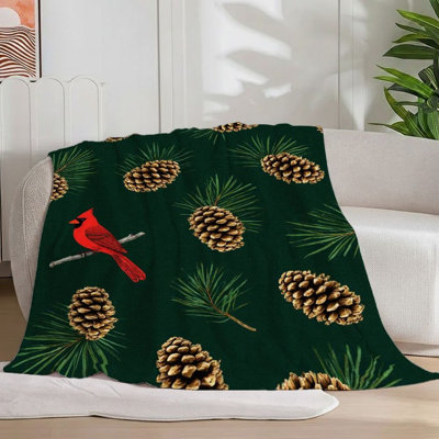 1Pc Pinecone / couverture de flanelle Cardinal vert doux / naturel / festif pour canapé / lit / voyage 60 * 80