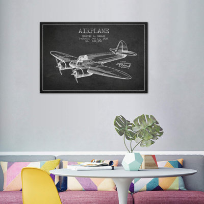 Plane Charcoal Patent Blueprint - Wrapped Canvas Print