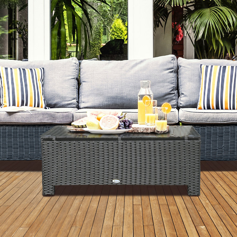 Outsunny PE Rattan Outdoor Coffee Table w/ Tempered Glass Top, Black