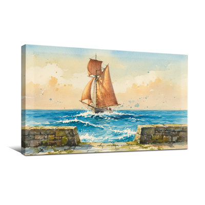 Nautique et plage, voilier, océan, vagues, pierre, ciel, nuages, toile, coucher de soleil