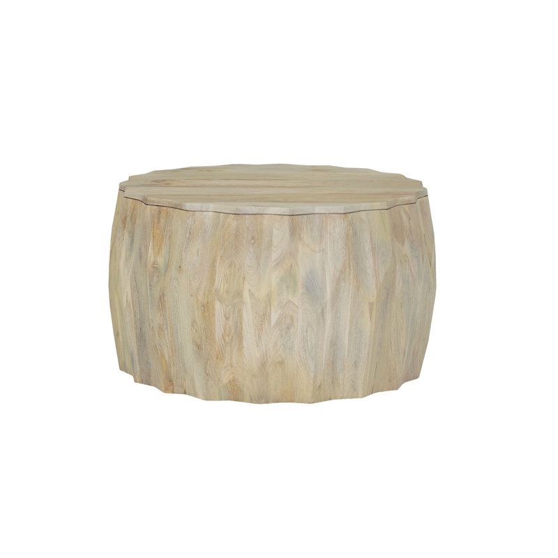 Elegant Beige 30" Round x 18" High Coffee Table with Diamond-Carved Cylindrical Base, Natural Wood