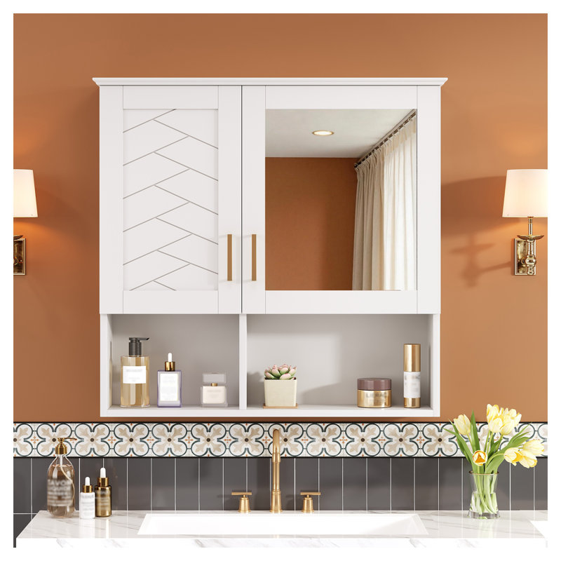 Pharmacie murale de 30 pouces avec miroir, tablettes réglables, cadre en bois massif et panneau de fibres à densité moyenne, finition blanche