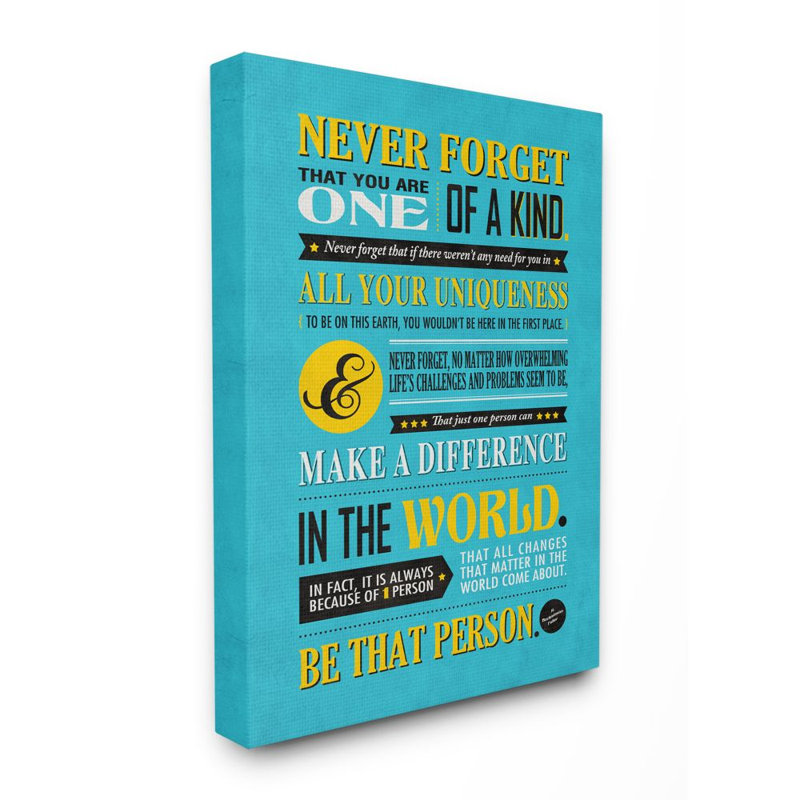 «One Of A Kind Inspirational Yellow Blue Design» par Ester Kay - reproduction d'art textuel sur toile, H 20 po x l 16 po