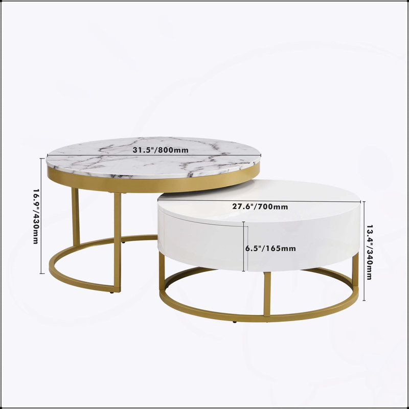 Table basse moderne et gigogne moderne avec tiroirs en blanc et or, parfaite pour les espaces de vie compacts et élégants