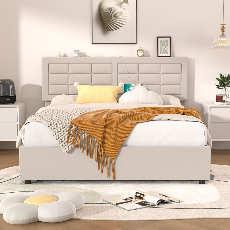 Base de lit tapissier pleine grandeur avec tête de lit ajustable Kempst, base de lit plateforme complète avec station de charge, sommier à lattes en bois, aucun sommier nécessaire