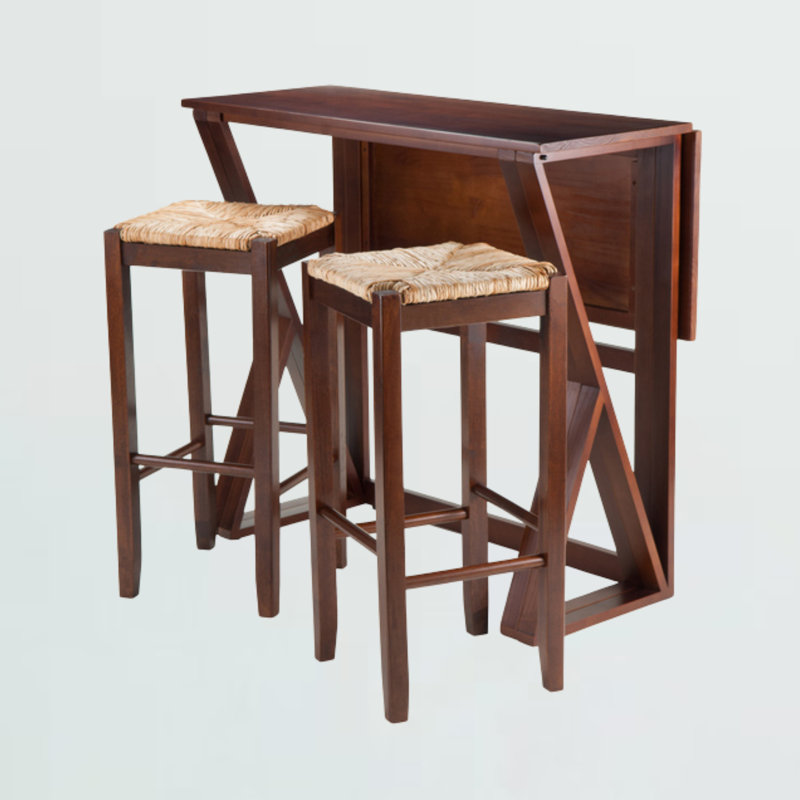 Zachariah 3-Piece Drop Leaf Solid Wood Dining Set in Walnut Brown, 36.22'' H X 39.37'' W X 31.23'' D