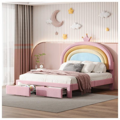 Lit plateforme tapissier double pleine grandeur avec tiroirs de rangement - Tête de lit en velours pour enfants
