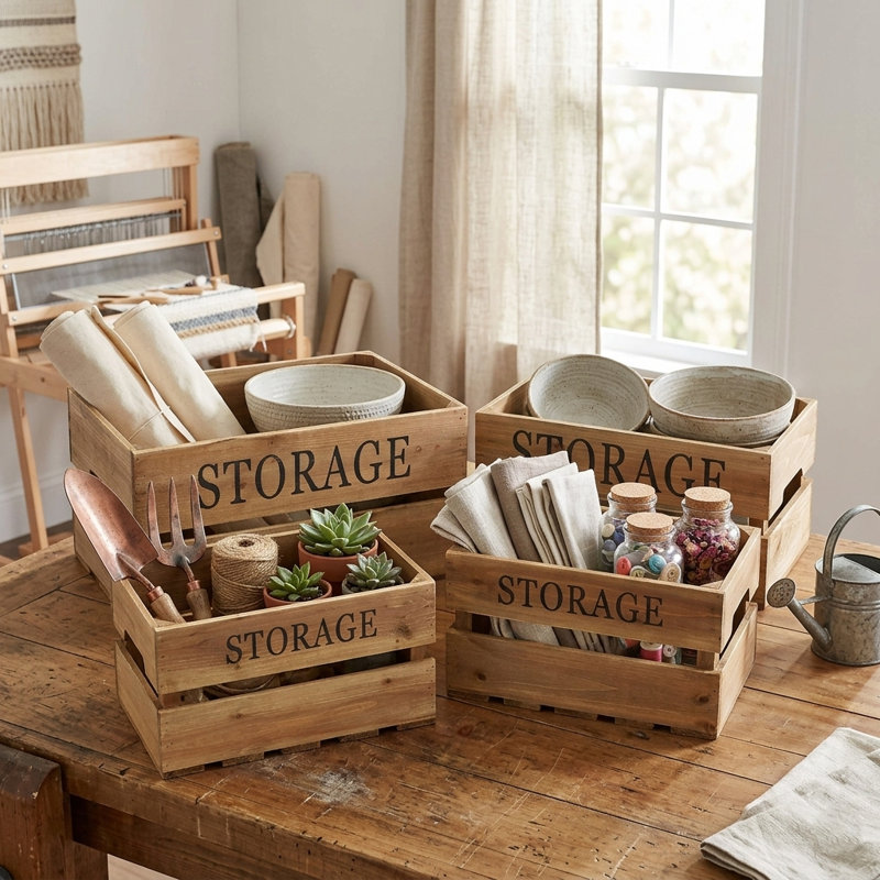 Eika Set of 4 Rustic Brown Wood Storage Crates for Home Organization