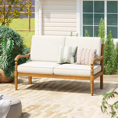 Causeuse d'extérieur en bois d'acacia avec coussins, finition naturelle avec tissu beige