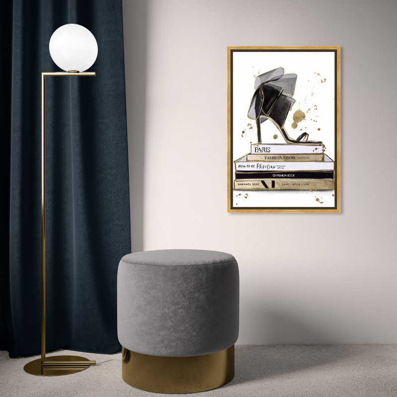 " Fashion Heel And Book Stack ", Gold Framed, 24" H x 16" W x 1.5" D