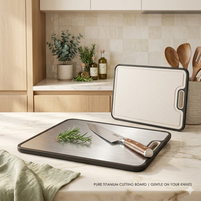 Planches à découper 15 po x 10 po en titane pur pour la cuisine, grande planche à découper Titanware / paille de blé avec poignée - non toxique - va au lave-vaisselle