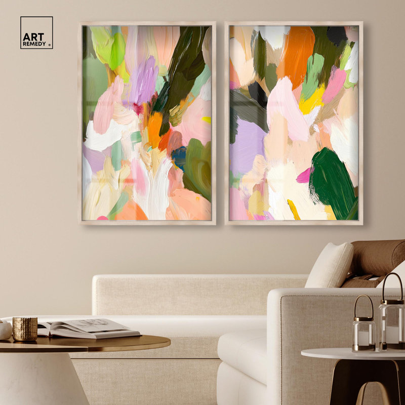 «Pastel Rhythm Shadowbox», ensemble d'art abstrait par Art Remedy, cadre blond, 24 x 36, H 37 po x l 25 po, Cadre blond
